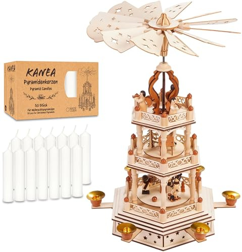 Brubaker Piramide Natalizia con Set di 50 Candele Bianche - Carosello Rotante a Tre Livelli con Figure in Legno Dipinte a Mano - 44 cm Decorazione Festiva - Finitura Naturale