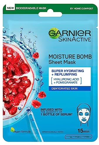Garnier Moisture Bomb Pomegranate and Hyaluronic Acid Sheet Mask, Super Hydrating & Replumping Face Mask, For Dehydrated Skin, Vegan Tissue Mask, 28g