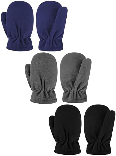 3 Pares de Manoplas de Polar para Niños Pequeños Guantes Cálidos de Esquí Antiviento (Negro, Gris, Azul Marino, 3-5 años)
