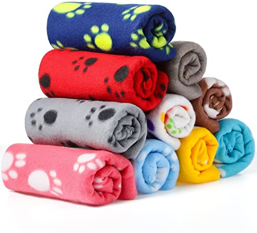 Tatuo 10 Pieces Pet Blankets with Paw Print Dog Cat Fleece Blankets Soft Warm Sleep Mat Pad Bed Cover for Kitten Puppy and Other Small Animals, 24 x 28 Inch(Bright Color)