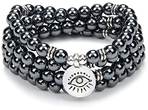 108 Mala Prayer Beads Armband Halsband Skydd Yoga Meditationssmycken med det onda ögat Charm Yoga Symbol (Hematit (Hematite))