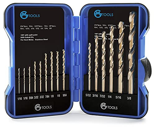 GMTOOLS 15Pcs Cobalt Drill Bit Set, M35 HSS, 135 Degree Tip, Twist Jobber Length Drill Bit Kit for Hardened Metal, Cast Iron, Stainless Steel, Plastic and Wood, with Indexed Storage Case 1/16-3/8