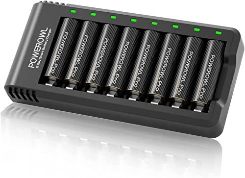 POWEROWL Goldtop Pilas Recargables AA Pro con Cargador, 8 Bahías Cargador Pilas con LED, Alta Capacidad 2800mAh AA Pila Recargable 1.2V Ni-MH(8 Piezas)