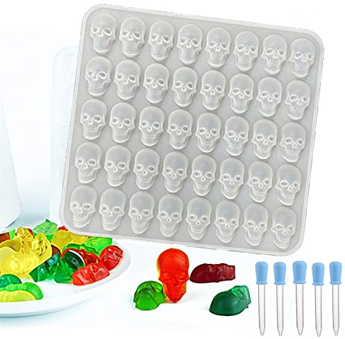 RoseFlower 1 Pcs Halloween Mini Skull Mould, 40 Cavity Silicone Small Skull Chocolate Candy Molds Baking Molds with 5 Droppers for Halloween Party Baking Supplies - White