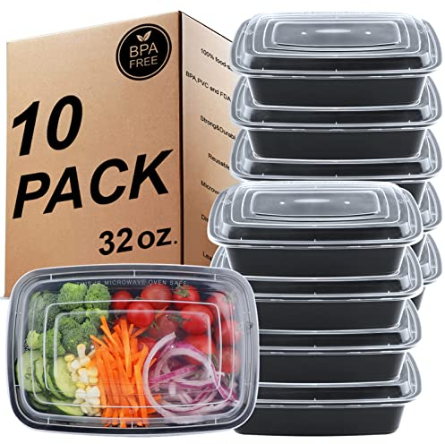 [10 Pièces] Meal Prep - Contenants réutilisables sans BPA à 1 compartiments avec couvercles hermétiques,résistants au congélateur,au micro-ondes et au lave-vaisselle,boîtes à lunch Bento [32 oz]