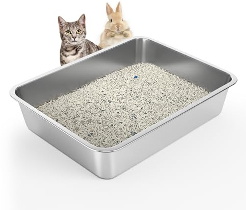 WENBOKMIN Stainless Steel Cat Litter Box - (17.7 L x 13.5 W x 4 H) | Non Slip, Easy to Clean, Never Absorbs Odor, Stains, or Rusts