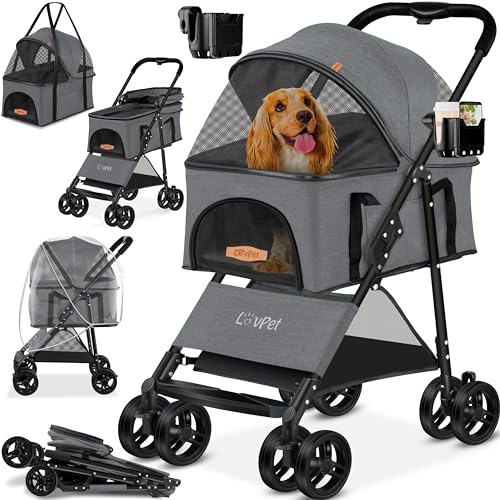 LOVPET® Hundewagen 2in1 Hundebuggy Hundebox Tragetasche Faltbar klappbar bis 20kg, mit 360°Drehrädern Inkl. Netzfenstern Getränkehalter, Regenschutzabdeckung & Kuscheldecke, Jogger Buggy für Haustiere
