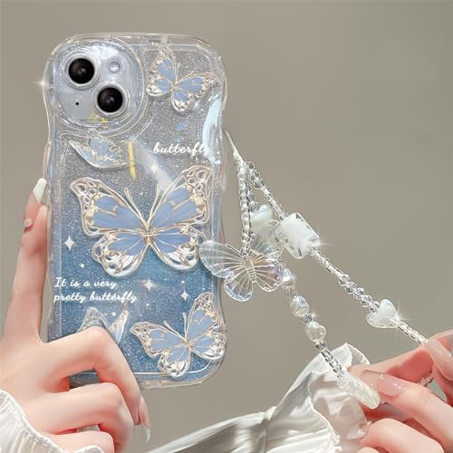 Emlivi Mobilskal för iPhone 12, med pärlarmband, fjärilar och blommor, estetiskt mobiltelefonfodral av silikon, skyddsfodral för kvinnor och flickor, glitter, kristall, sött skal, blått