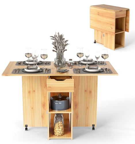 GIANTEX Klapptisch Küche, Esstisch Klein Klappbar, Mobiler Küchentisch mit 2 Rädern, Esszimmertisch mit 1 Schublade & 2 Ablagen, Klappbarer Esstisch Holz, Küchentisch Ausziehbar 120 x 72 x 75 cm