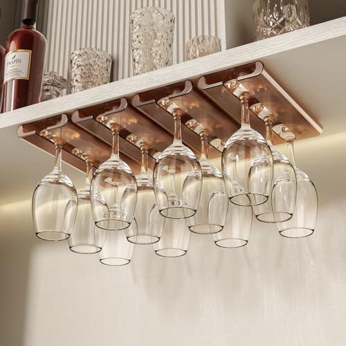 Vaisoeny Vinglashållare, 4-pack glashållare, vinglashållare installation utan borrning, handtag glashylla, vinglashållare hängande för kök och bar (bernsten)