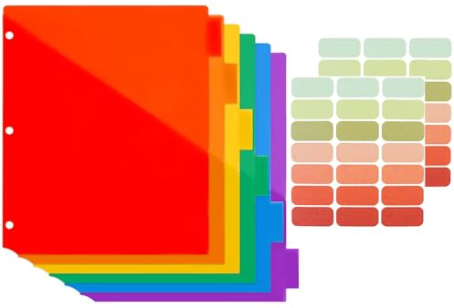 Lot de 6 séparateurs de classeur avec onglets inscriptibles pour classeurs à 3 anneaux, séparateurs de dossiers latéraux, onglets de couleurs vives, grands intercalaires