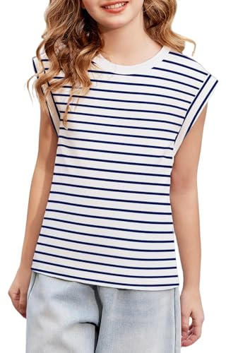 Arshiner Camiseta para Niñas Manga Corta Cuello Redondo Rayas de Color Liso Ropa de Verano para Niñas de 5-12 Años.