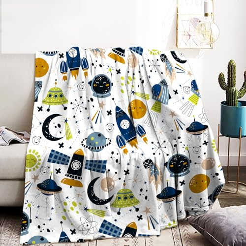 Manta infantil Espacio 150 x 200 cm – Cohete espacial acogedor – Diseño de cielo estrellado – Franela suave – Niños
