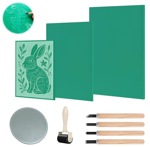Zyluniy Linoleum Platten 9Stk Linoldruck Set Weichgummi Linoldruck Platte Linolschnitt Werkzeug Stempelgummi A4 A5 A6 Präzises Drucken Linolplatten für Druckgrafiken Kunsthandwerk DIY
