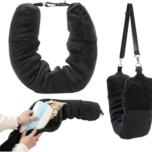 OUDQFCJ Almohada Viaje Rellenable - Almohada en Forma de U con Correa Ajustable - Cojin Viaje para Coche, Avión y Tren (Negro)