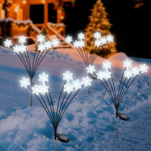 Qoosea Solar Christmas Lights Outdoor, 4 Pack 32 Snowflake Landscape Stake Light, IP65 Waterproof Garden Lamp Ornaments, Solar Decorative Light Christmas Decoration for Garden Yard Pathway