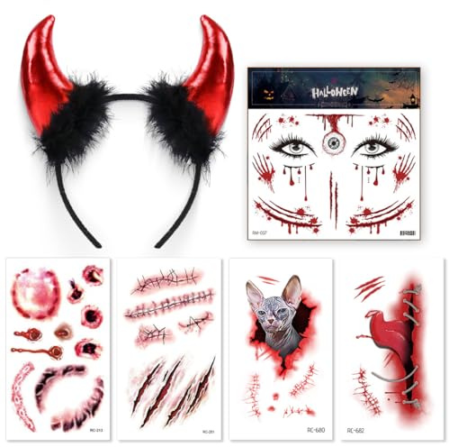 GGUFAY Cornes de Diable, Oreilles de Diable, Tatouage Temporaire Visage Accessoires de Costume de Diable Rouge et Noir pour Enfants Adultes Carnaval Cosplay Costume Fête