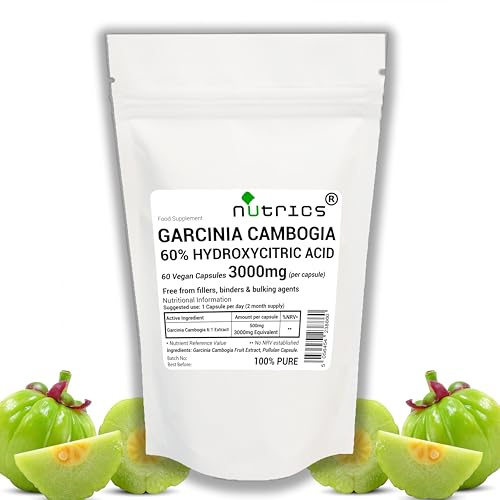 Nutrics® 3000mg (per Capsule) Garcinia CAMBOGIA 60 V Capsules - 60% HCA Strong One A Day - 100% Pure - Free from fillers, Binders & Bulking Agents