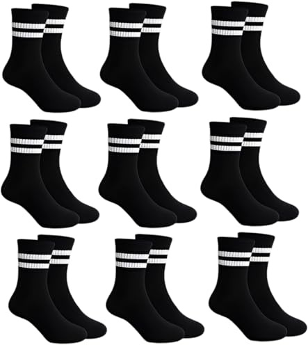 JUGUTA Calcetines Niño, 9 Pares De Calcetines Deportivos Para Niños Escolares, Tenis Con Diseño En Negro Y Blanco Rayas, Tallas 36-43, Transpirables Y Cómodos Para Niños