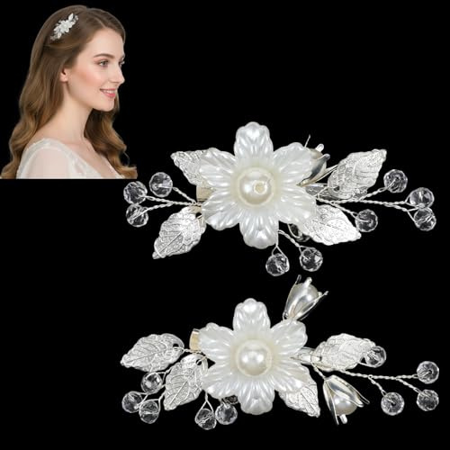 PEOVLVN 2 PCS Pearls Flower Hair Clips, Bridal Hair Clips Rhinestone Flower Girl Hair Accessory Wedding Hair Pieces for Brides Bridesmaids