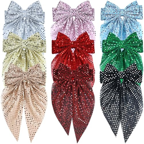 Cinaci 9 Pack Big Sparkly Sequin Hair Bows Hair Clips with Long Tails Barrettes Hair Accessories for Women Girls Teens Kids