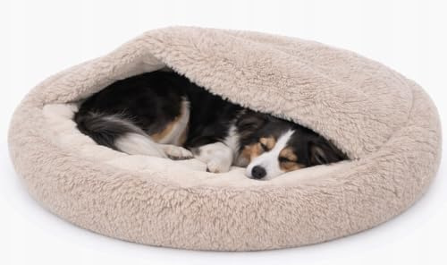 Odolplusz rund gosig hundsäng och kattsäng för medelstora hundar och stora katter, beige, lurvig bouclé, grottdesign, varm sovsäcksbädd, halkfri botten, maskintvättbar, 100 cm
