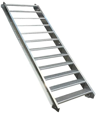 12 Stufen Stahltreppe Breite 110cm Geschosshöhe 180-240cm / Robuste Außentreppe/Wangentreppe/Stabile Industrietreppe für den Außenbereich/Inklusive Zubehör