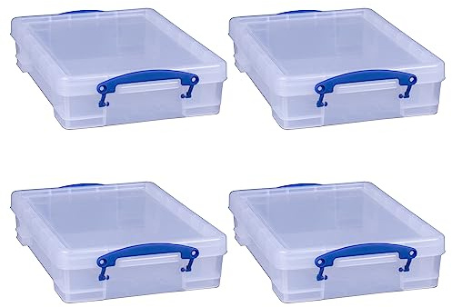 Really Useful Box 4 Liter Plastic Stackable Storage Container w/Snap Lid & Built-In Clip Lock Handles for Home & Office Organization, Clear (4 Pack)