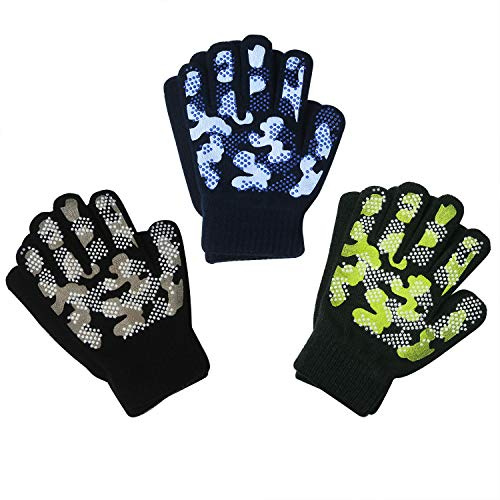 Evridwear Boys Girls Magic Stretch Gripper Gloves 3 Pair Pack Assortment, Kids One Size Winter Warm Gloves Children (3 Pairs Camo, 6-8Years)