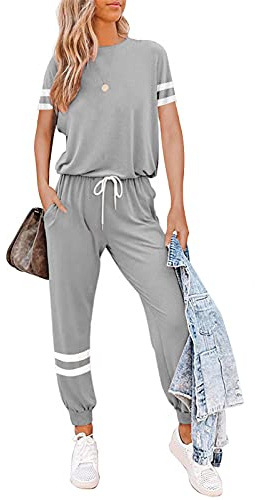 Litthing Completi Donna Sportivi 2 Pezzi Tute da Ginnastica Tops Manica Corta/Pantaloni per Casual Jogging Fitness Yoga Casa Pigiama Set (Grigio, M)