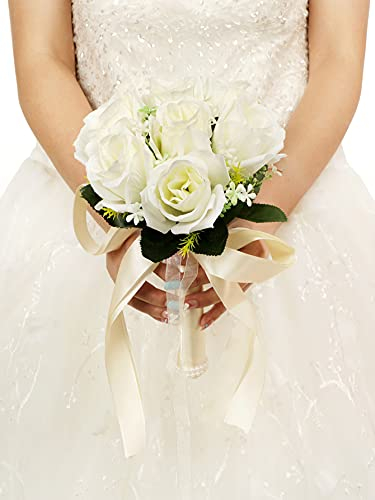 Rehobo Künstlicher romantischer Rosenstrauß aus Seide, Hochzeitsstrauß für Braut, Brautjungfern, Brautparty, Tafelaufsatz, Zeremonie, Jahrestag, Kirchenhochzeit, Valentinstag (Elfenbein)