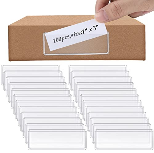 Meanplan 100 Pcs Label Holder Self Adhesive Clear Pocket 3x1 Inch Plastic Shelf Tag Sticking Index Card Pocket for Supermarket Library Kitchen Business Bookshelf Mailbox File Cabinet Storage Bin