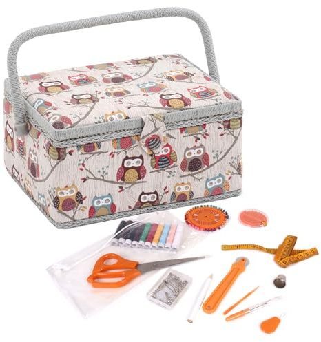 Hobby Gift Boîte à Couture Moyenne avec Poignée, Panier de Rangement Couture en Coton avec Compartiments pour Outils et Accessoires, Boîte Loisirs Créatifs, 18,5 x 25,5 x 14,5 cm, Hoot