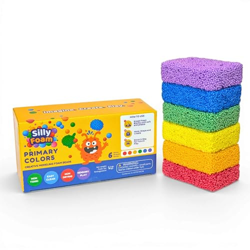 Silly Foam, Creative Modeling Foam Beads, 1-Pack of 6 Primary Colors, Easy Clean Up, Perfect for Preschool and Kids, Arts & Crafts, Sensory Play, STEM, Travel Toy, Holiday Gifts, Non-Toxic (Age 3+)