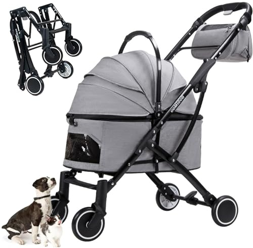 RUYICZB Hundewagen & Haustier Buggy Bis 20Kg Hundebuggy Für Kleine Hunde Katzen Haustier-Kinderwagen Mit Abnehmbarer Transportwanne, Aufbewahrungskorb Tasche, 360° Vorderrad, Bremse,Grau