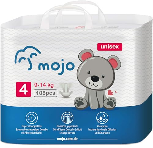 Einweg Babywindeln Größe 4, Auslaufschutz, Ultrasanft, Atmungsaktiv, Superabsorbierend, Unisex 9-14 kg, 108 Stück