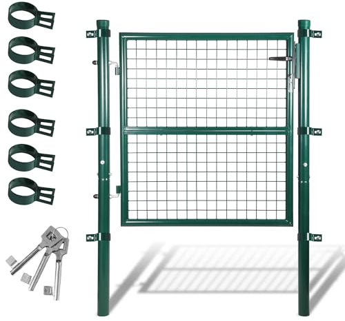 Fiqops Cancello da giardino, 100 x 100 cm, verde, in acciaio zincato, con maniglia e 3 chiavi, resistente alle intemperie, robusto e durevole