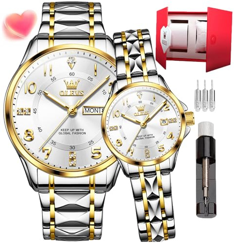 OLEVS Reloj de cuarzo para pareja romántica, expresión para hombre, día noche, Glow, calendario impermeable casual para hombres, mujeres, amantes