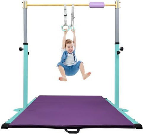 JOYSFIT Adjustable Gymnastics Bar for Kids with Mat - Sturdy Kip Bar with Rings, Horizontal Bar for Home Training, 3'-5' Height, Ages 3-15, 250 LBS Capacity, Easy Assembly.