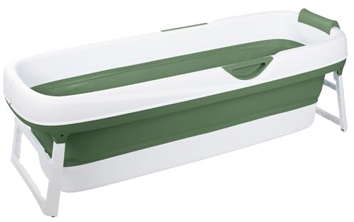 HelloBath® Hopfällbart Badkar XXL 156x60x48 cm för Vuxna | Portabelt Badkar med Nackstöd & Utdragbar Avloppsslang (3 m) | Mobilt för Dusch & Utomhusbruk | Grön