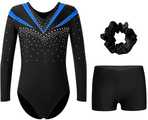 Jugaoge Mädchen Langarm Turnanzug Gymnastikanzug mit Kurze Hose Elastisch Haargummi Sport Yoga Fitness Training Tanz Shorts 3 Teillig Kleidung Set Blau 146-152