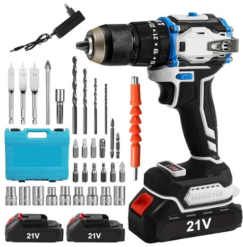 Trapano avvitatore senza fili, avvitatore a batteria con 2 batterie, 70 Nm Percussione, 25+1 impostazioni di coppia, 2 velocità, LED, 31 accessori e custodia per fai da te a casa