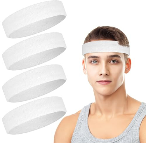 Paquete de 4 diademas para hombres, bandas de sudor para hombres y mujeres, bandas de sudor de rizo de algodón para tenis, baloncesto, correr, gimnasio, entrenamiento (blanco)