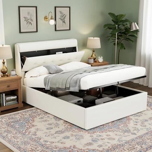 Fppuueg Cama Tapizada de 90x200 cm, Estructura de Cama Individual con Soporte de Láminas de Madera y Almacenamiento Hidráulica, Cabecero con Almacenaje, Somier Metálico, PU, Blanco, Sin Colchon