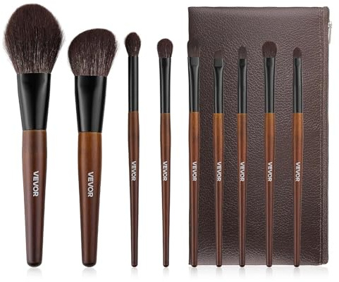 VEVOR 9-Piece Makeup Brush Set for Foundation Blending Eyeshadow, Professional Makeup Brush Kit with Soft Natural Wool & Vegan Synthetic Bristles, Ergonomic Wood Handle, Travel-Friendly Storage Bag