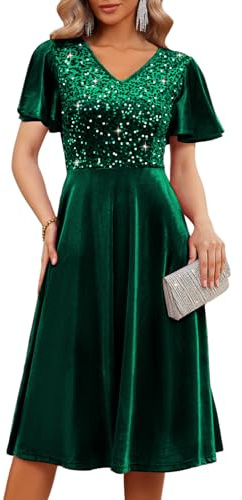 Bridesmay Women's Green Sequin Velvet Dress, Elegant Short Sleeve A-Line Formal Cocktail Party Dress for Christmas, New Year, Evening Gala (DarkGreen, Medium)