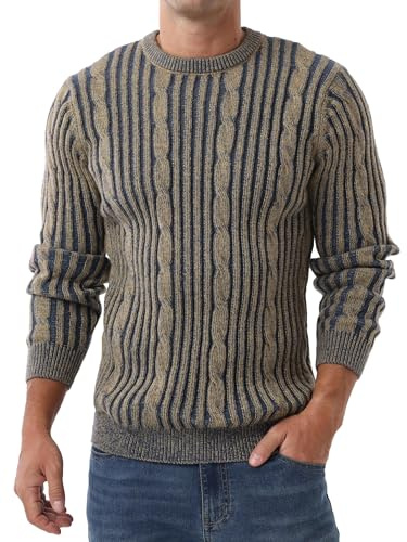 QIXING Men's Cable Knit Jumper Round Neck Interval Stripes Elastic Warm Soft Thick Sweater for Men UK(Khaki Denim Blue, M)