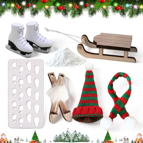 7 Pieza Esquí Duendes Accesorios Navidad Accesorios para Gnomos Incluyendo Plantilla Huellas Elfo Navidad Gorros Bufandas Botas de Esquí Trineos Esquís Miniatura para Decoraciones de Fiestas