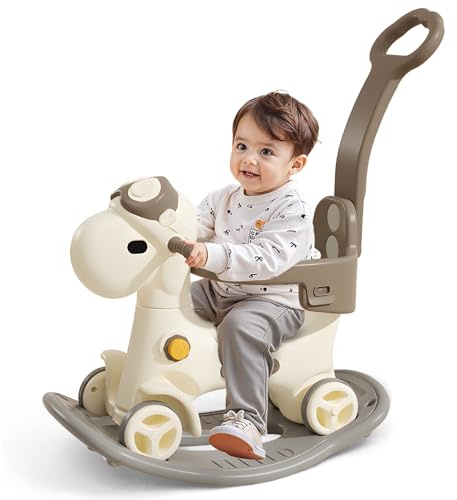 4 in 1 Rocking Horse for Toddlers 1-3 Years Old, Baby Rocking Toy Fun Birthday Gift for 1+ Kids, Ride on Toy with Guard Rails, Detachable Balance Board and Footrest with Push Handle (Brown)