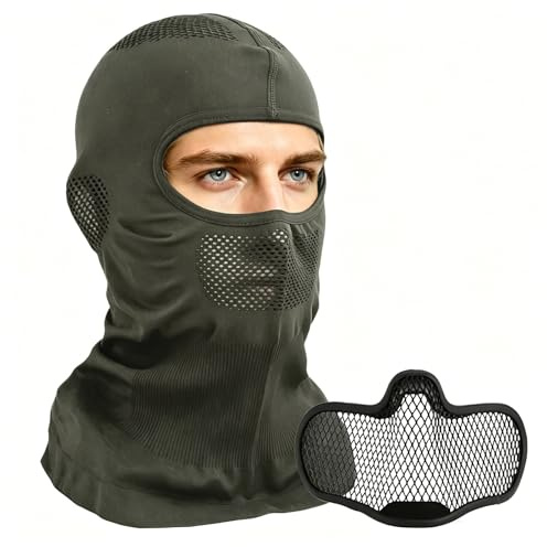 Tactical Balaclava with Removable Steel Mesh Mask Insert, Breathable Full Face Mask for Airsoft Paintball Helmets(Green)